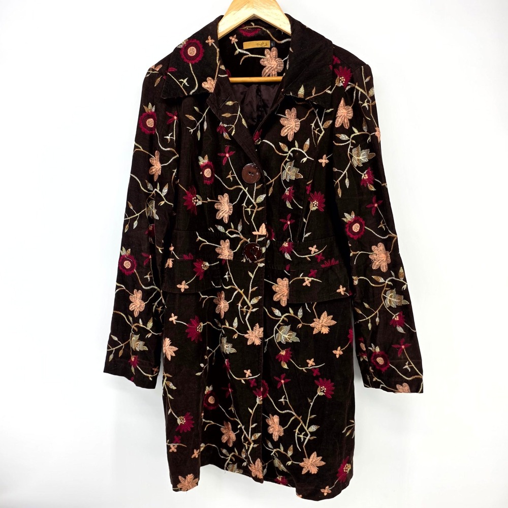 Final Touch Corduroy Jacket Womens L Brown Floral Embroidered Boho USA Made